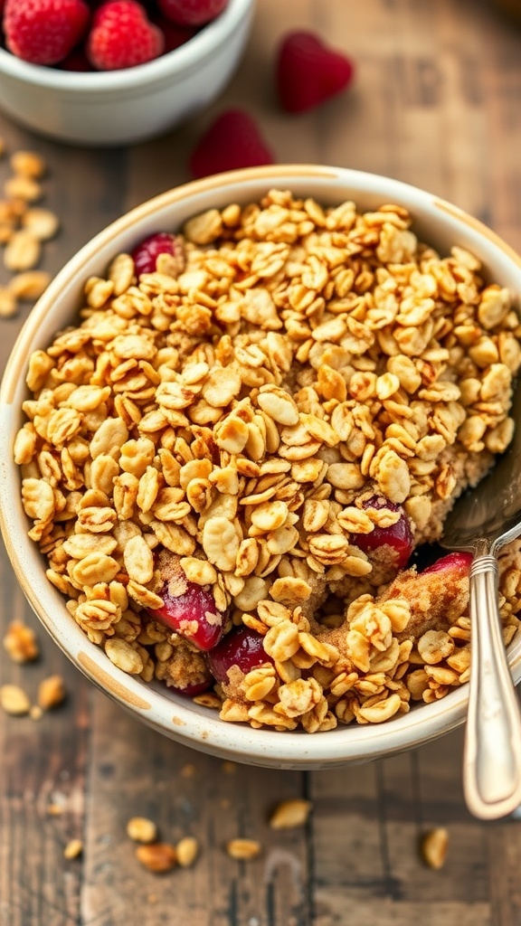 Crispy oat topping with nuts in a bowl, served over a fruit crisp on a rustic table.